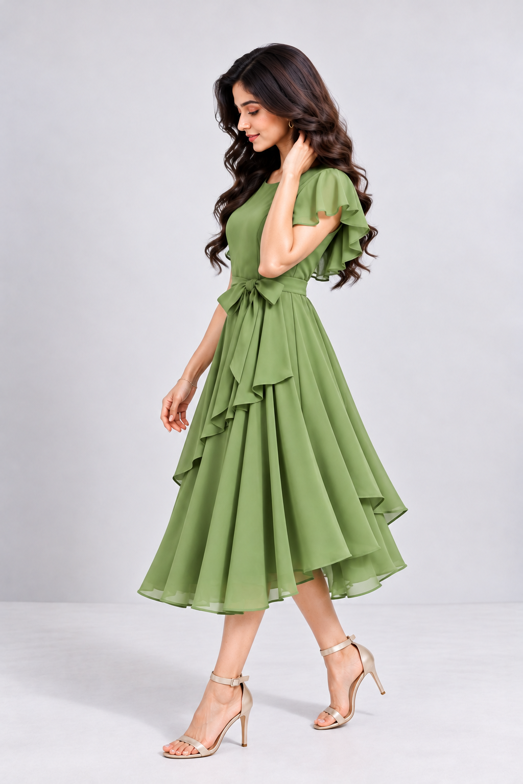 Elara Elegant 1-Piece Women’s Tiered Flare A-Line Midi Dress (Olive Green)