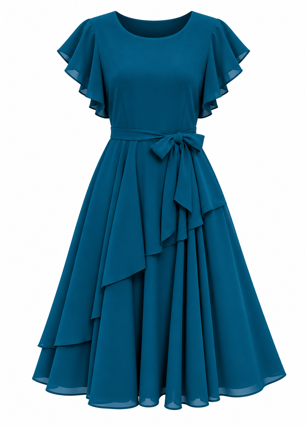 Elara Elegant 1-Piece Women’s Tiered Flare A-Line Midi Dress (Deep Teal Blue)