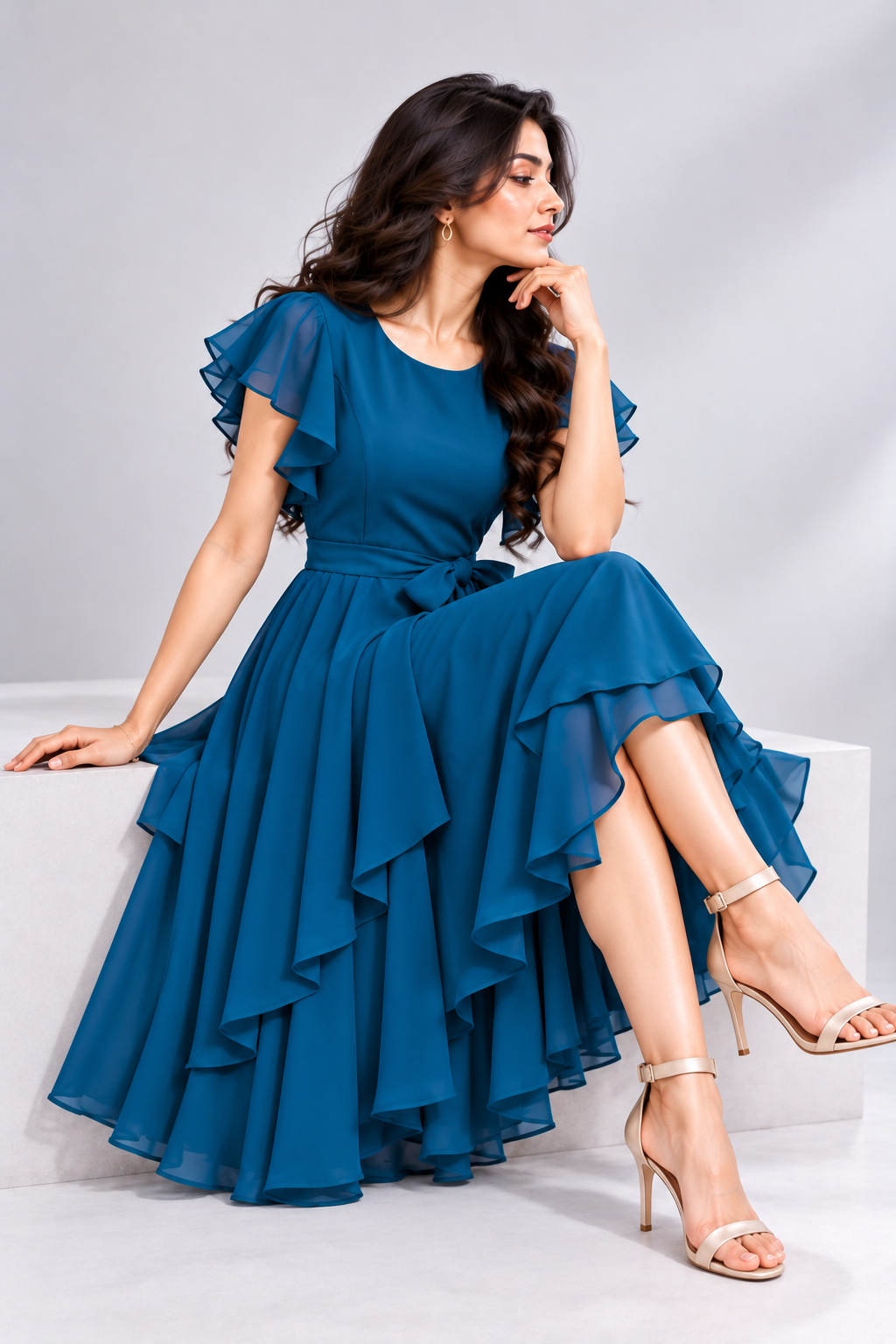 Elara Elegant 1-Piece Women’s Tiered Flare A-Line Midi Dress (Deep Teal Blue)
