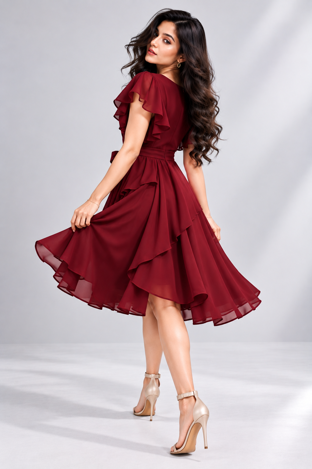 Elara Elegant 1-Piece Women’s Tiered Flare A-Line Midi Dress (Wine Color)