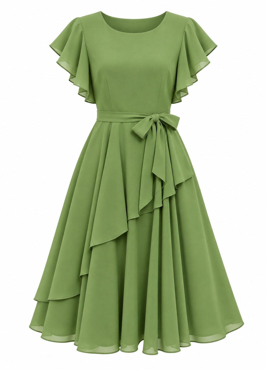 Elara Elegant 1-Piece Women’s Tiered Flare A-Line Midi Dress (Olive Green)