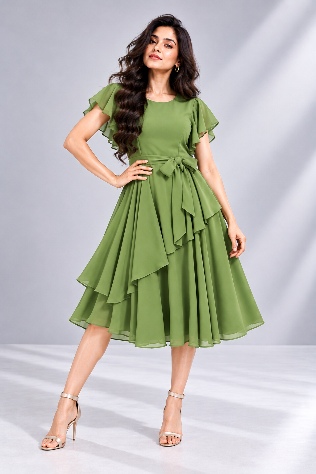 Elara Elegant 1-Piece Women’s Tiered Flare A-Line Midi Dress (Olive Green)
