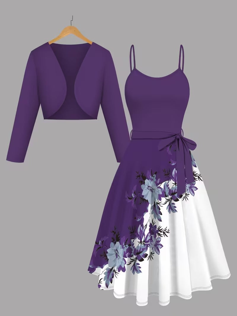 Elara Elegant 2-Piece Women’s Royal Purple Cardigan Jacket & Floral Suspender Dress Set