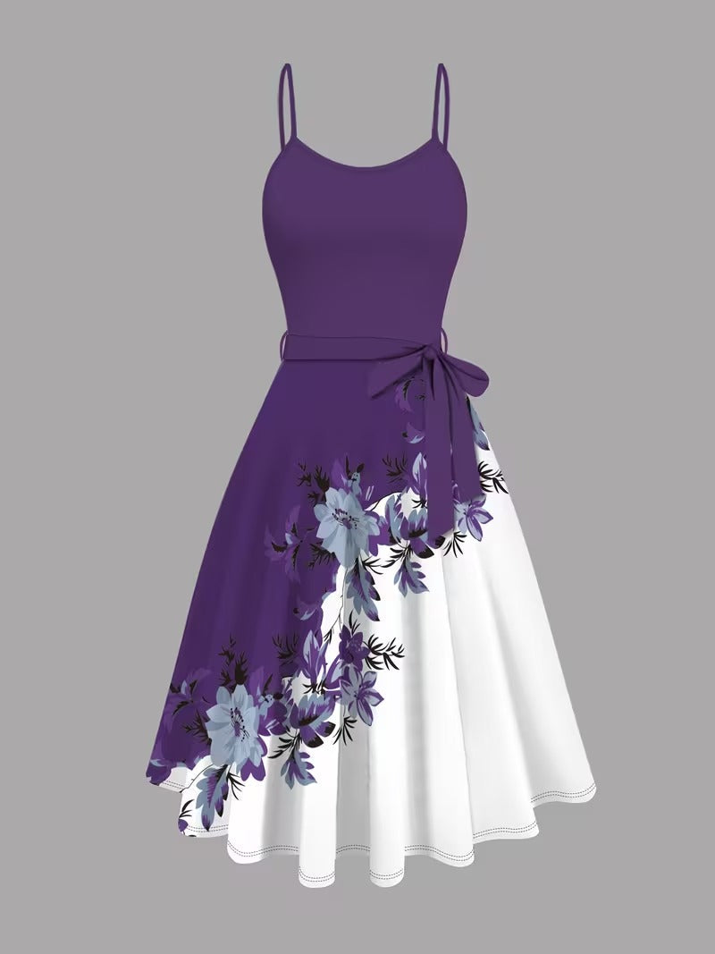 Elara Elegant 2-Piece Women’s Royal Purple Cardigan Jacket & Floral Suspender Dress Set