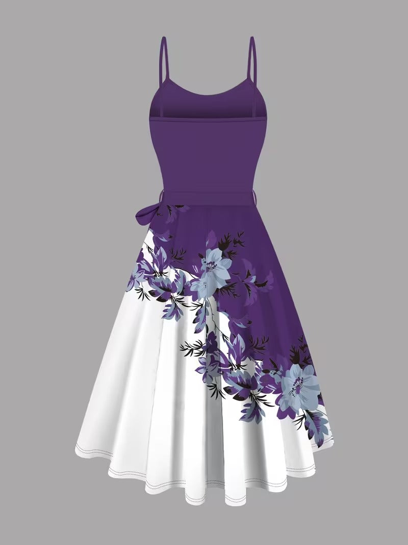 Elara Elegant 2-Piece Women’s Royal Purple Cardigan Jacket & Floral Suspender Dress Set