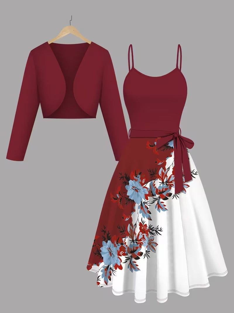 Elara Elegant 2-Piece Women’s Maroon Cardigan Jacket & Floral Suspender Dress Set