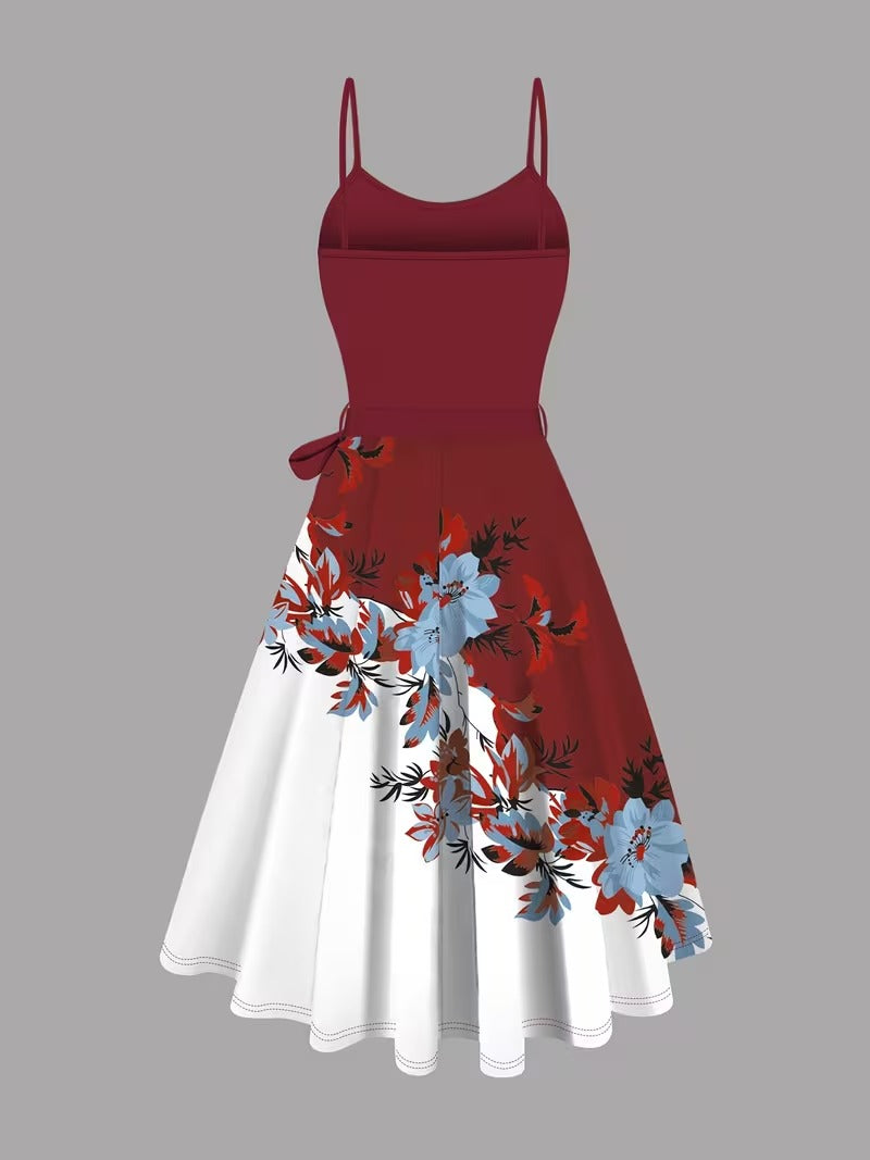 Elara Elegant 2-Piece Women’s Maroon Cardigan Jacket & Floral Suspender Dress Set