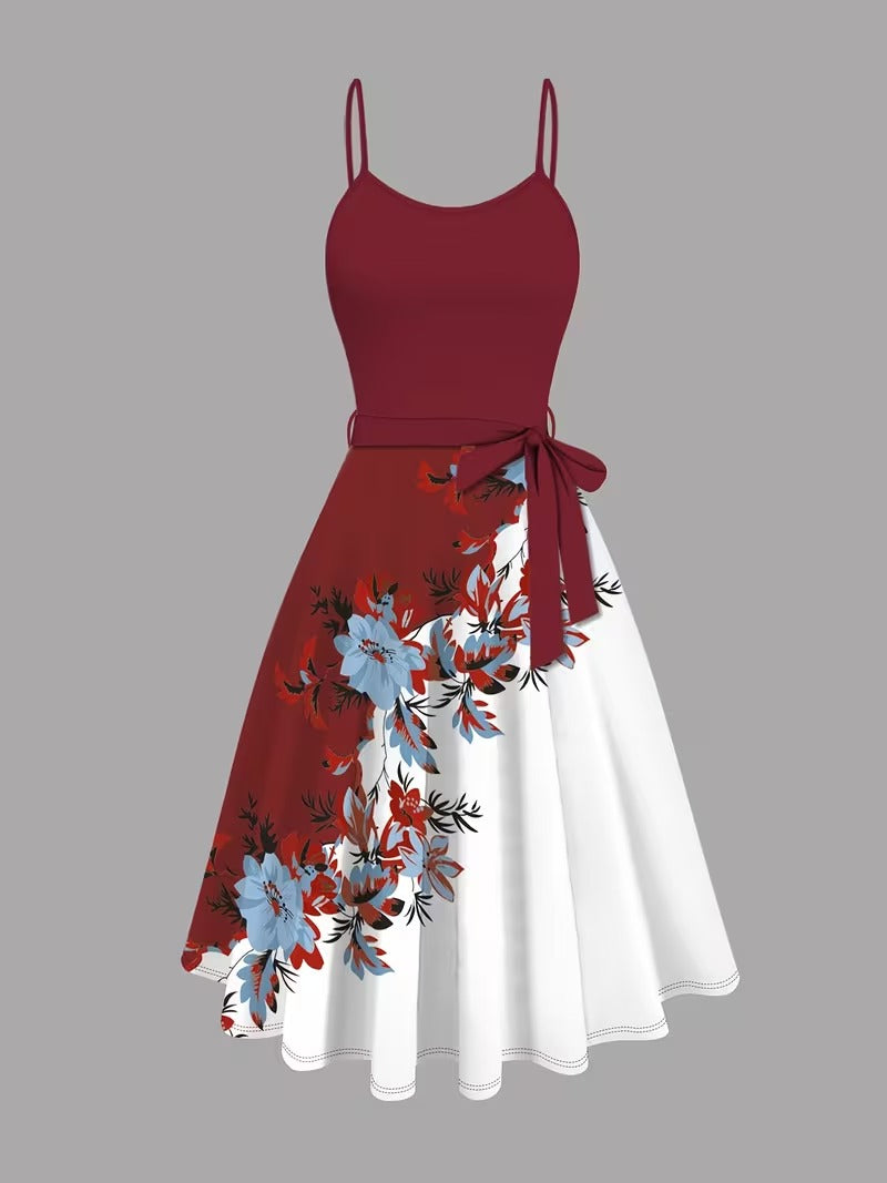 Elara Elegant 2-Piece Women’s Maroon Cardigan Jacket & Floral Suspender Dress Set