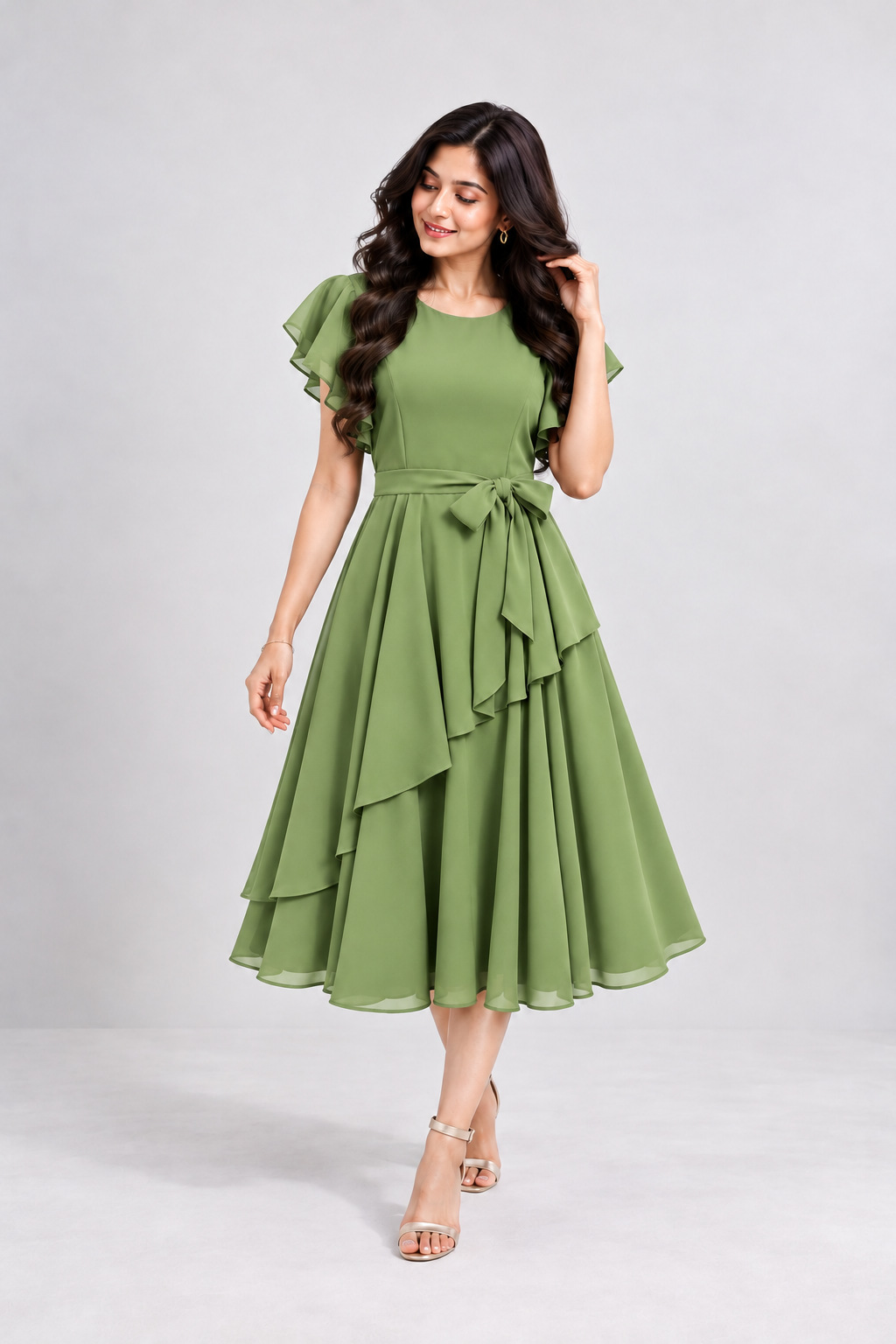 Elara Elegant 1-Piece Women’s Tiered Flare A-Line Midi Dress (Olive Green)