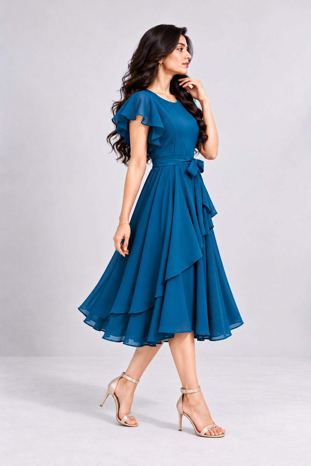 Elara Elegant 1-Piece Women’s Tiered Flare A-Line Midi Dress (Deep Teal Blue)