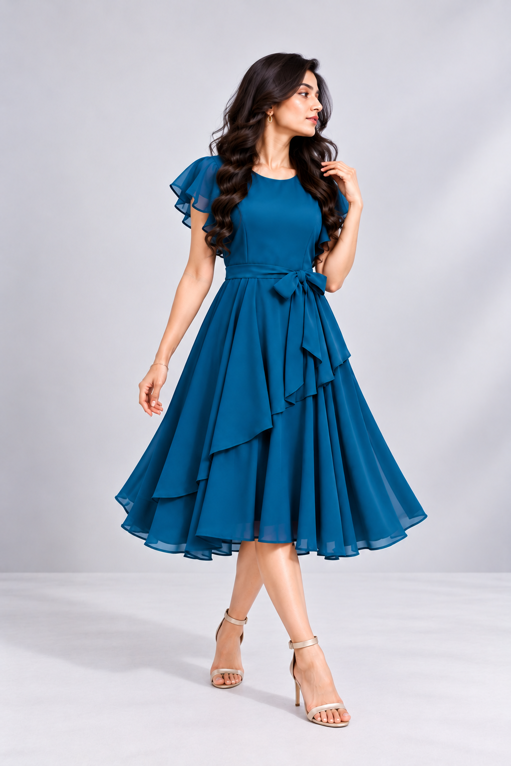 Elara Elegant 1-Piece Women’s Tiered Flare A-Line Midi Dress (Deep Teal Blue)