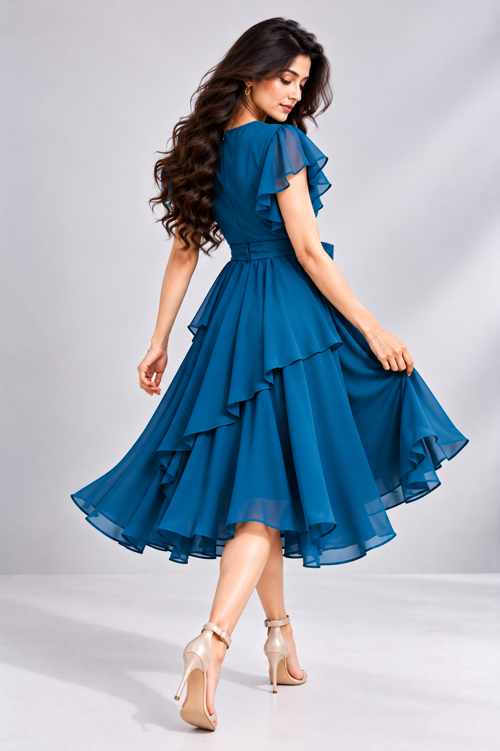 Elara Elegant 1-Piece Women’s Tiered Flare A-Line Midi Dress (Deep Teal Blue)