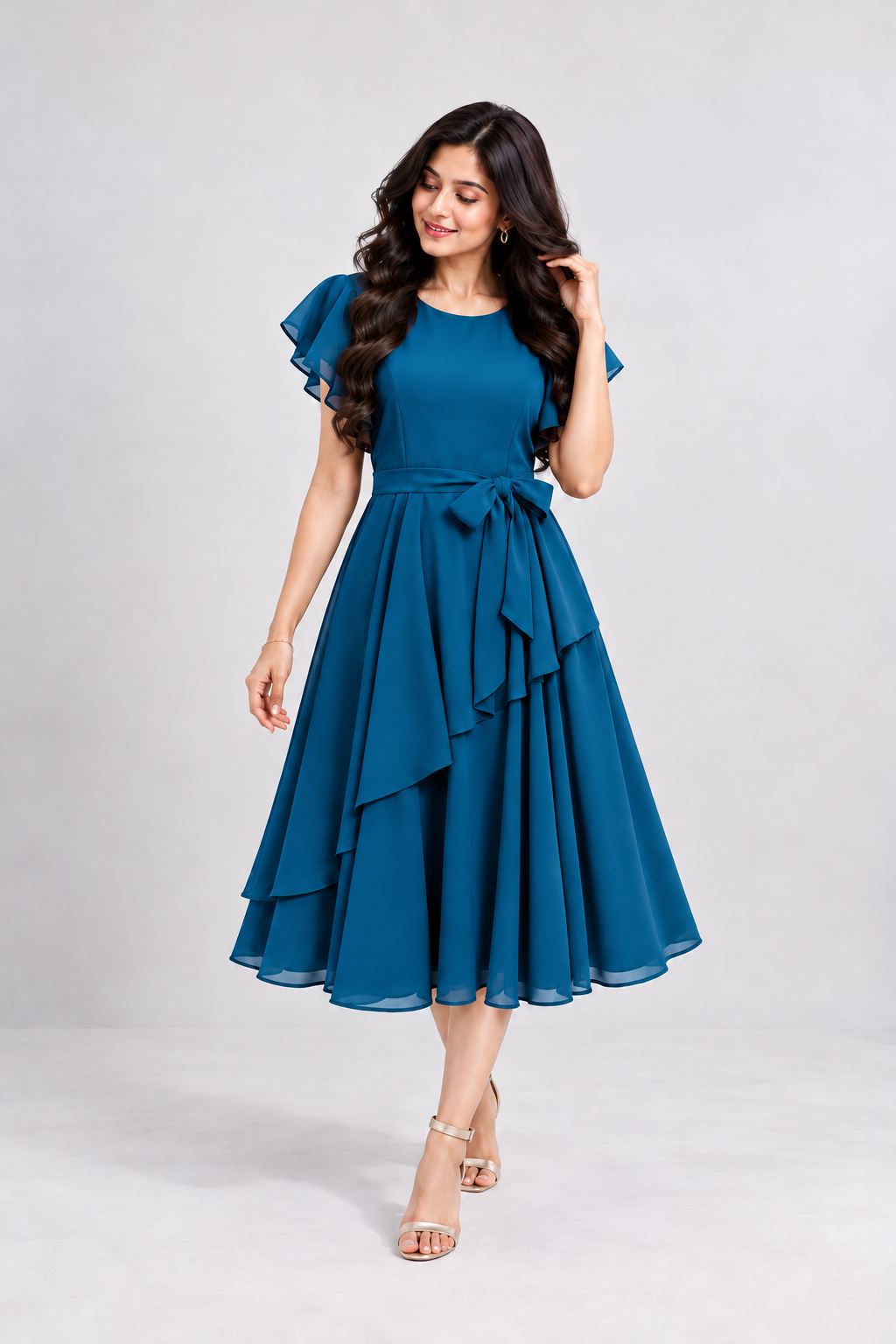 Elara Elegant 1-Piece Women’s Tiered Flare A-Line Midi Dress (Deep Teal Blue)
