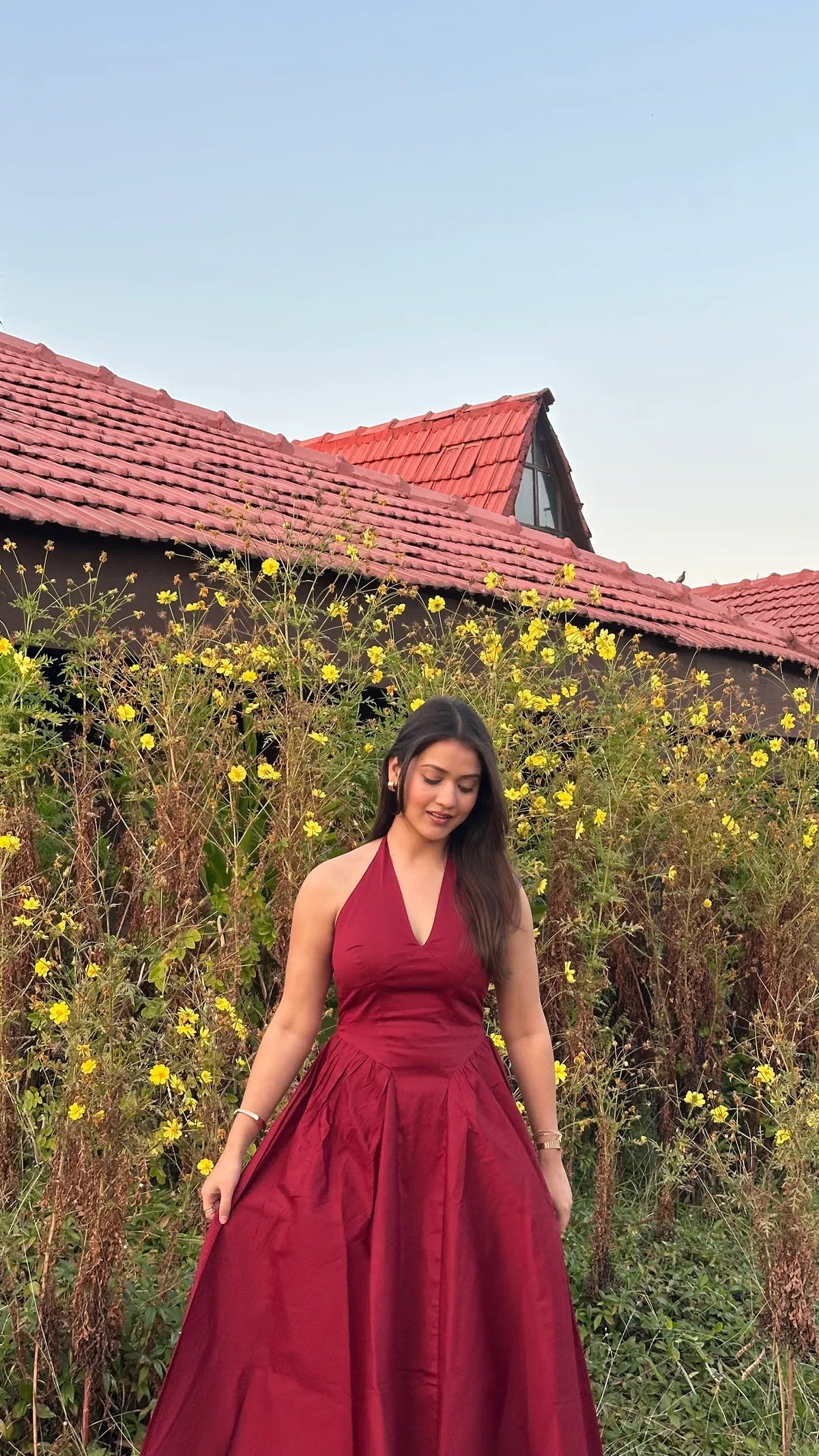 Maroon Halter Neck  Midi Dress