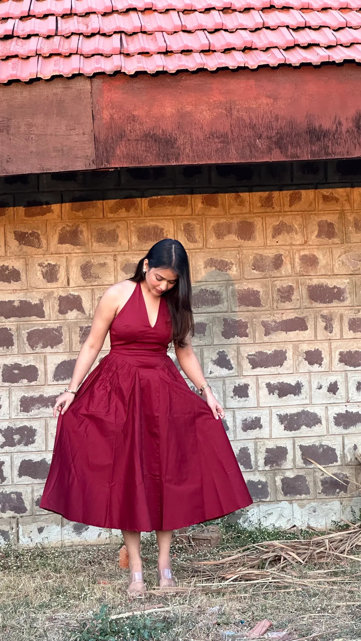 Maroon Halter Neck  Midi Dress