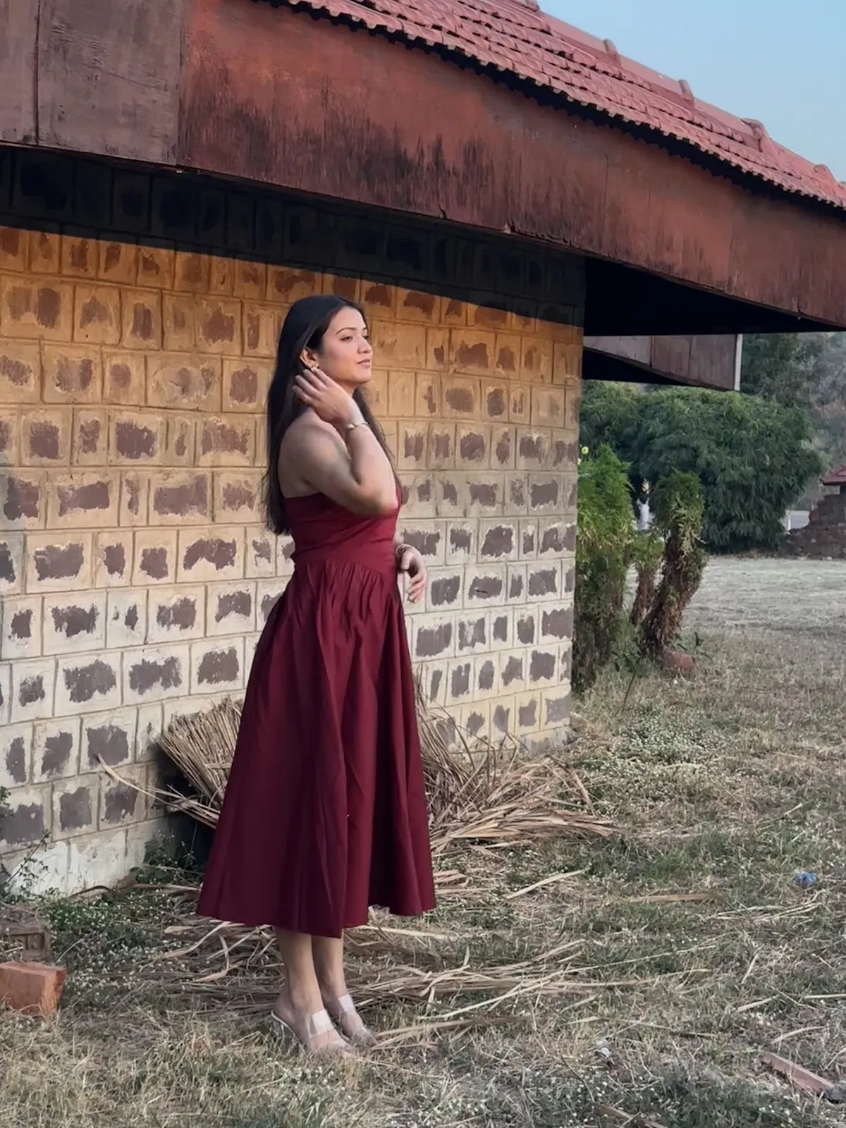 Maroon Halter Neck  Midi Dress