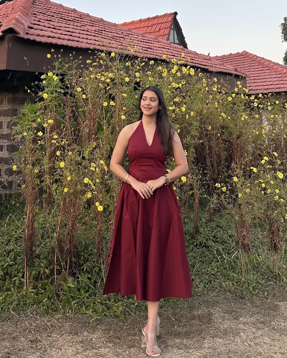 Maroon Halter Neck  Midi Dress