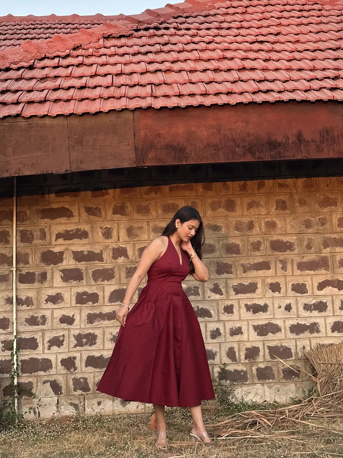 Maroon Halter Neck  Midi Dress