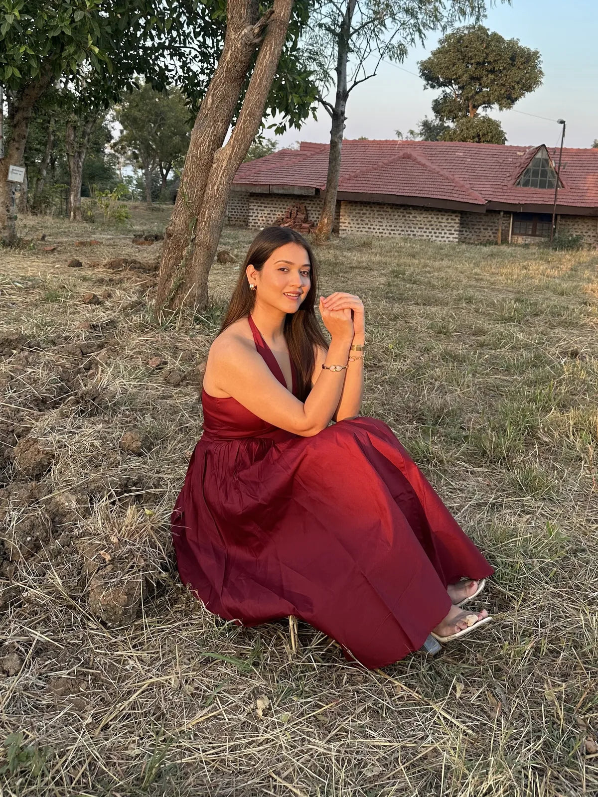 Maroon Halter Neck  Midi Dress