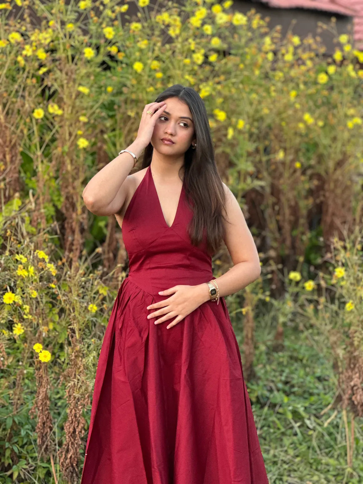 Maroon Halter Neck  Midi Dress