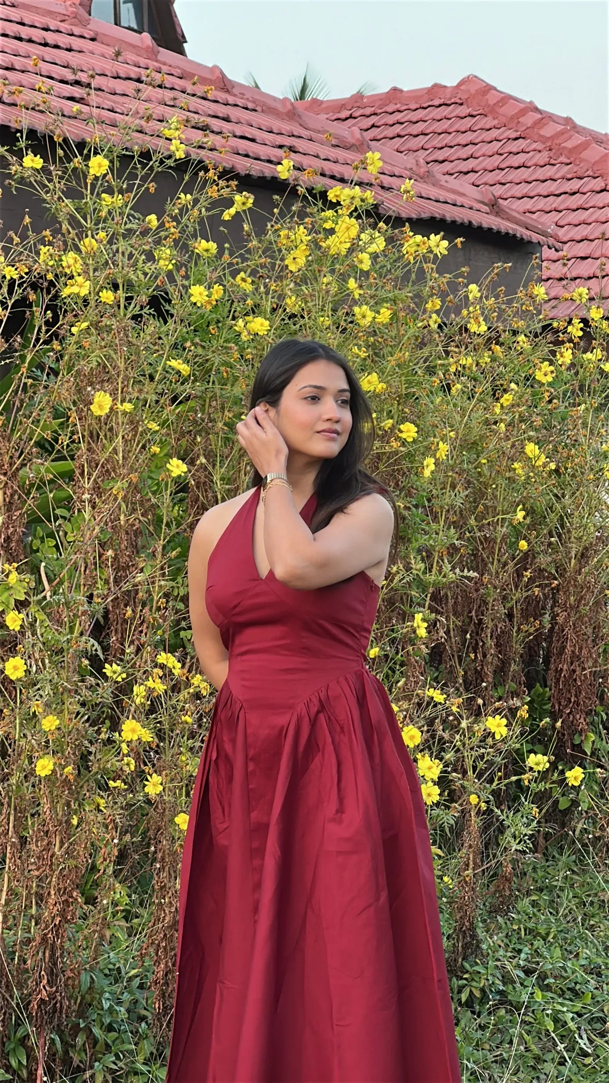 Maroon Halter Neck  Midi Dress