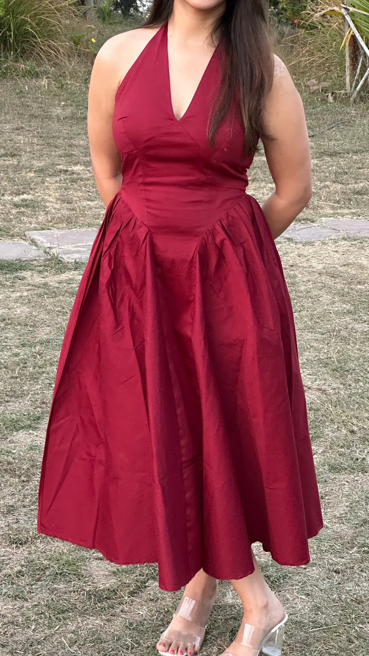 Maroon Halter Neck  Midi Dress