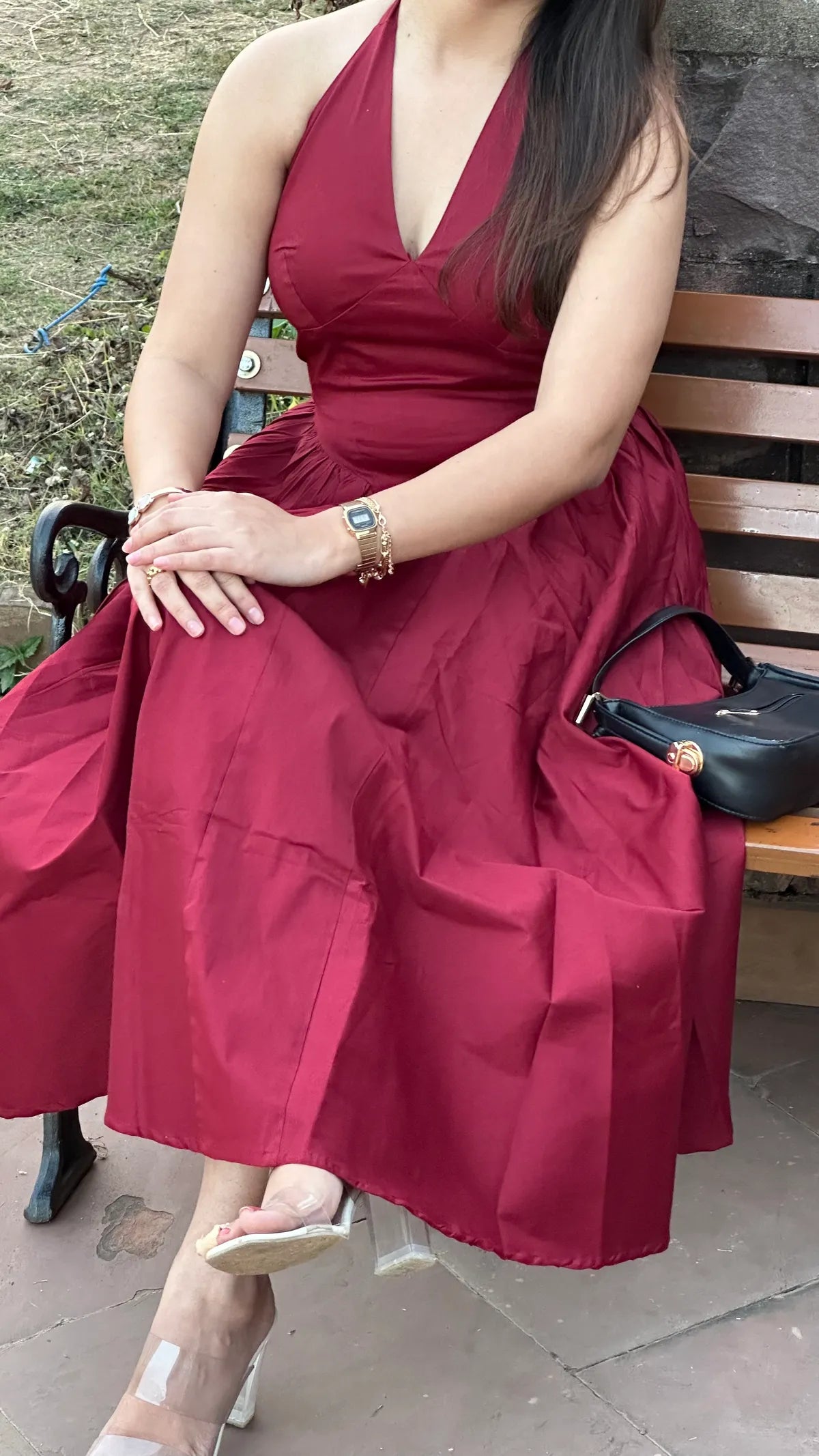 Maroon Halter Neck  Midi Dress