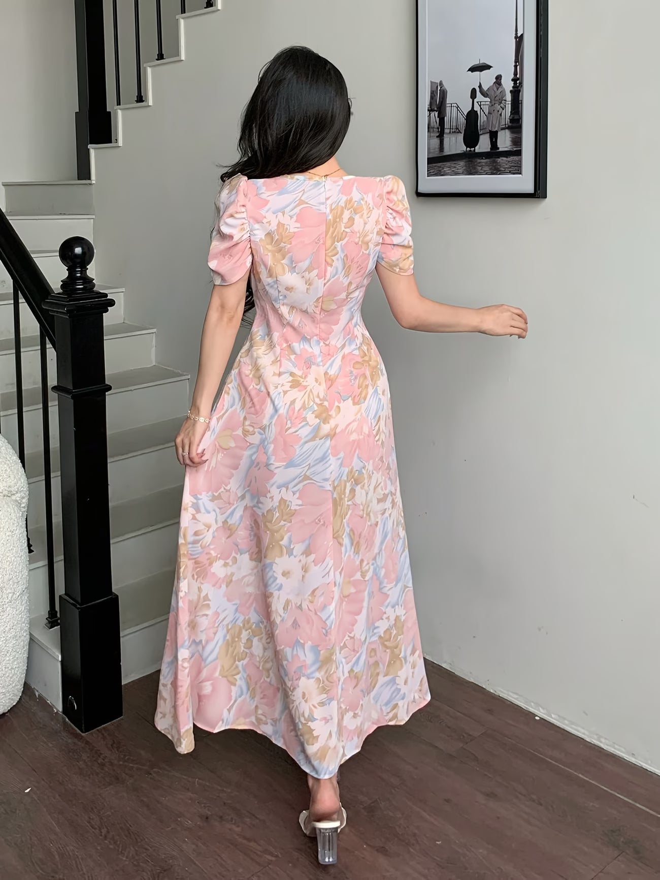 Elara Women's Pink Floral V-Neck Puff Sleeve A-Line Maxi Dress