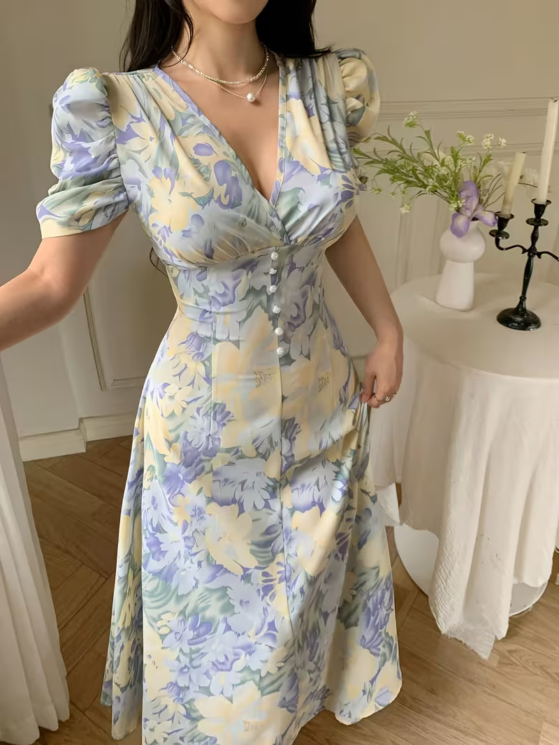 Elara Women's Blue Floral V-Neck Puff Sleeve A-Line Maxi Dress