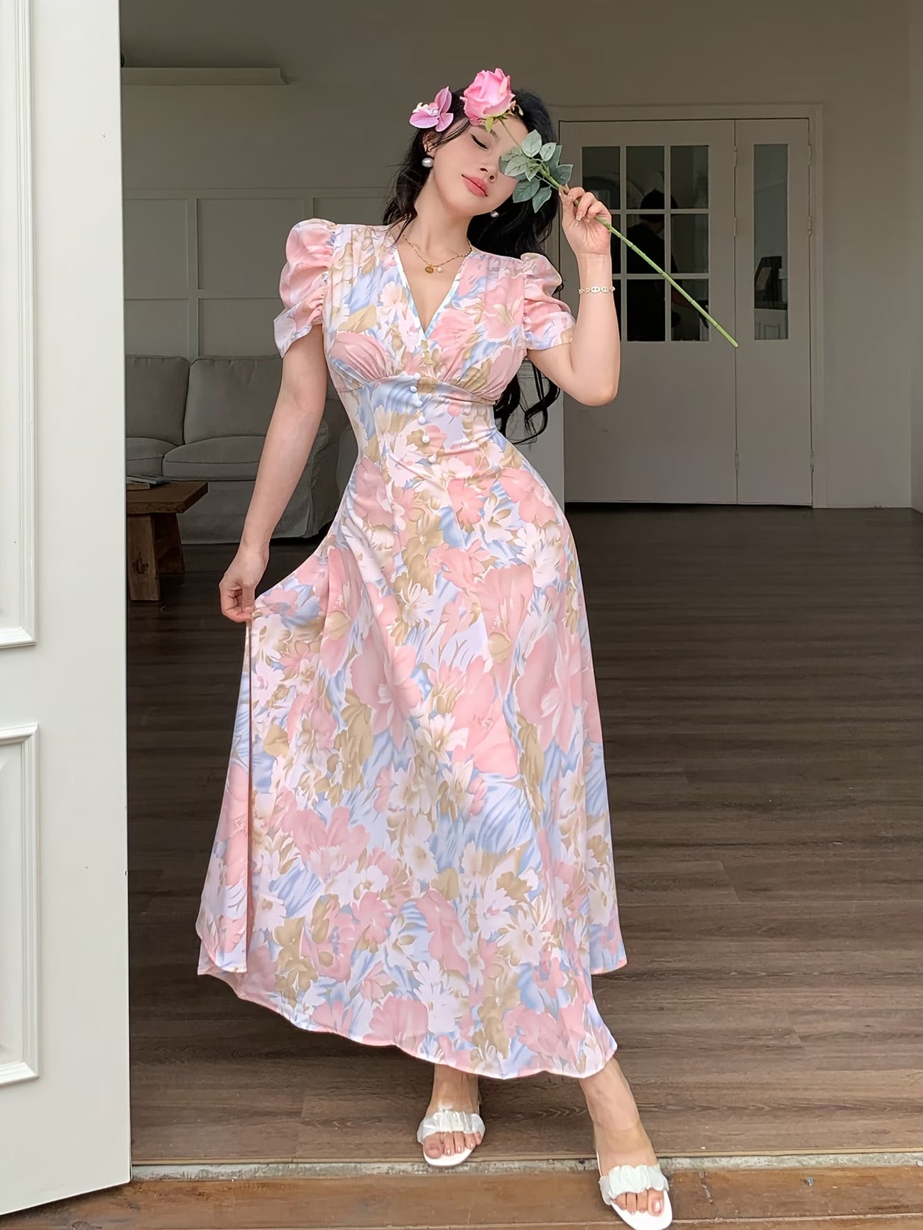 Elara Women's Pink Floral V-Neck Puff Sleeve A-Line Maxi Dress
