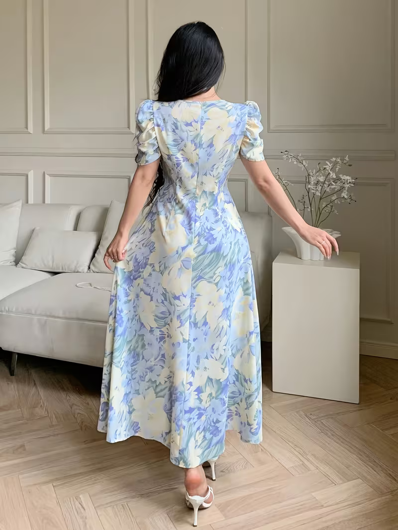 Elara Women's Blue Floral V-Neck Puff Sleeve A-Line Maxi Dress