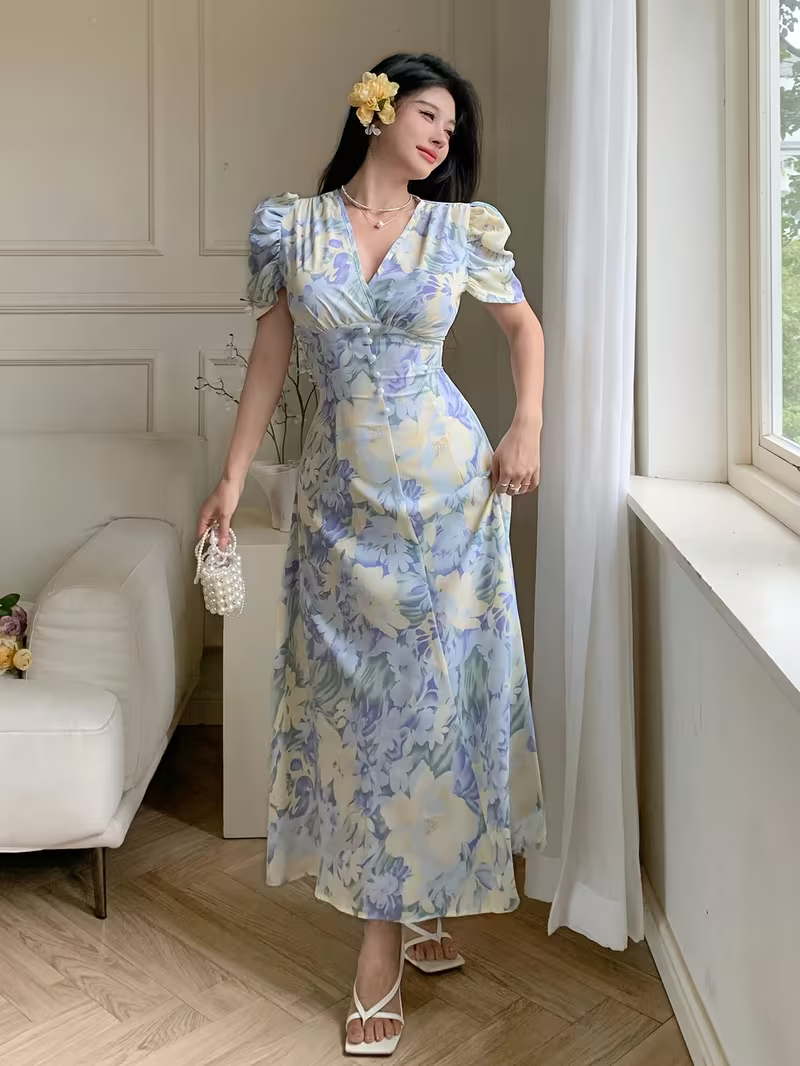 Elara Women's Blue Floral V-Neck Puff Sleeve A-Line Maxi Dress