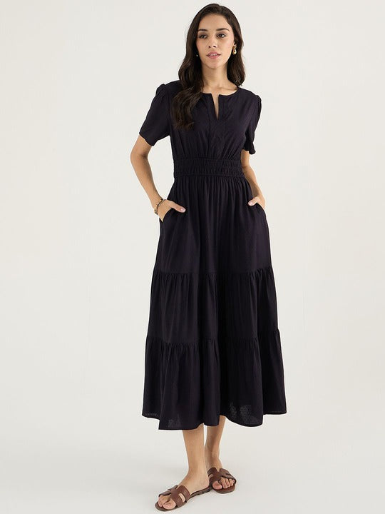 Aurelia Classic Black Tiered Flare Midi Dress