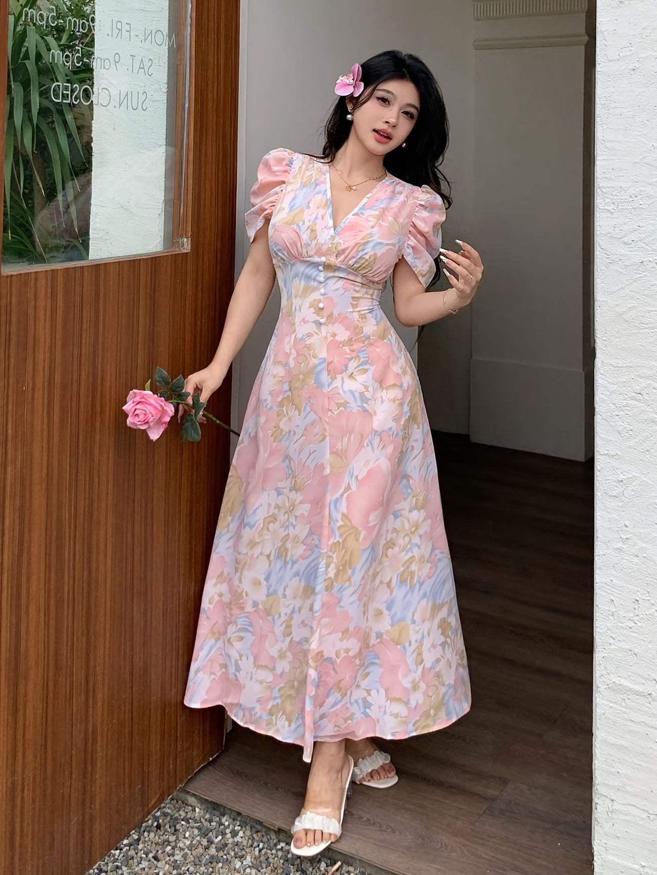 Elara Women's Pink Floral V-Neck Puff Sleeve A-Line Maxi Dress